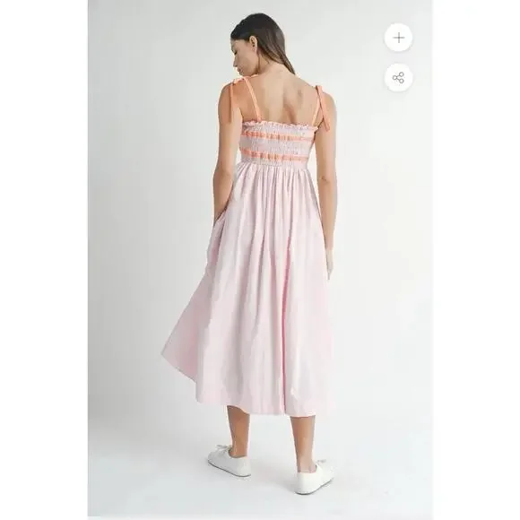 MABLE Lecia Smocked Midi Dress Pink Size Small Orange Tie Straps Smocked Summer - Picture 3 of 9